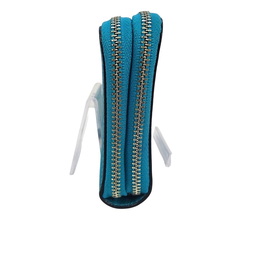 Coach Turquoise Crossgrain Leather Double Zip Around Wallet Silver Hardware - Picture 4 of 9